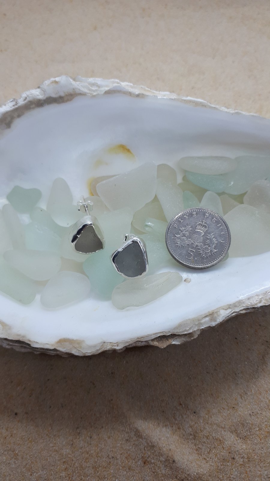 Pale grey sea glass and silver studs