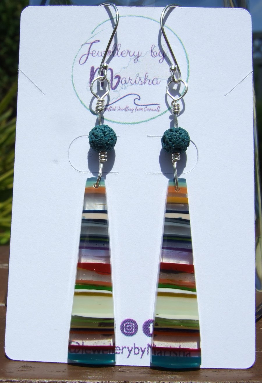 Surfite Surfboard Resin & Sterling Silver .925 Earrings with Blue Lava Beads