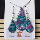 Teardrop necklace and earrings set. Green and purple marble effect.
