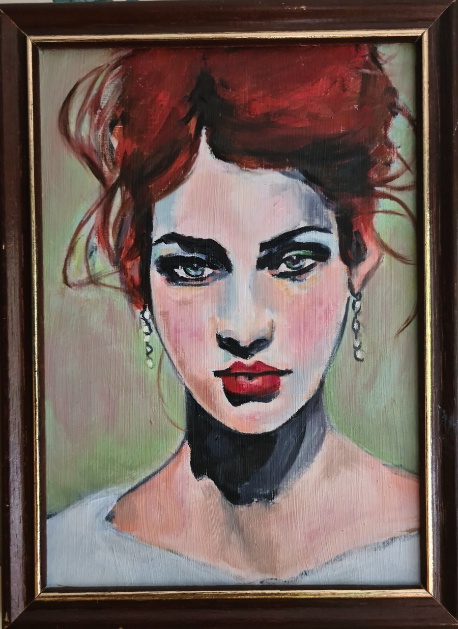 Small original portrait oil painting of a red haired woman