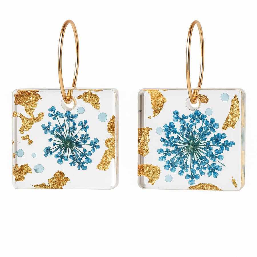 Square Blue Flower Resin Earrings – Gold Leaf Botanical Dangle Earrings 