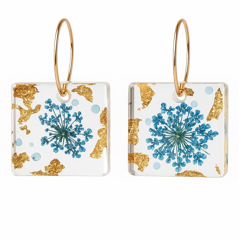 Square Blue Flower Resin Earrings – Gold Leaf Botanical Dangle Earrings 