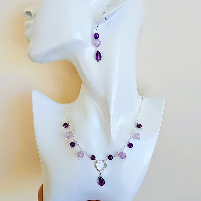 Amethyst & Zircon Sterling Silver Heart Necklace Earring Set: Figaro Chain