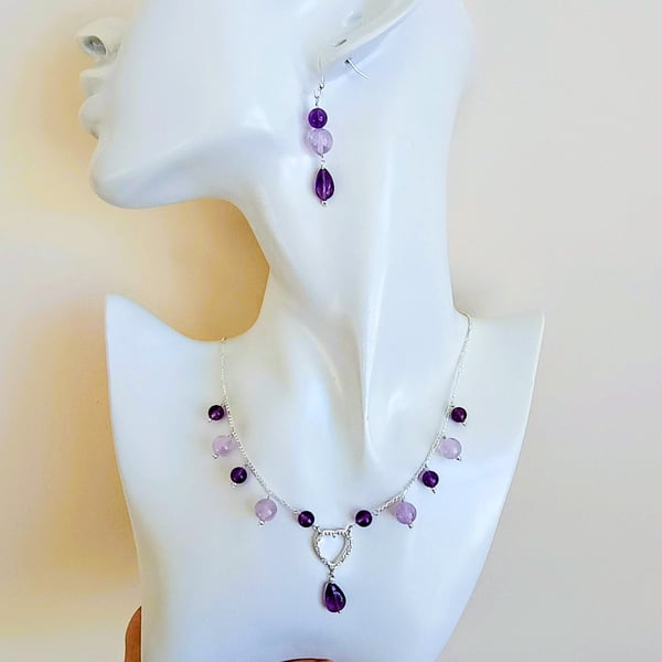 Amethyst & Zircon Sterling Silver Heart Necklace Earring Set: Figaro Chain