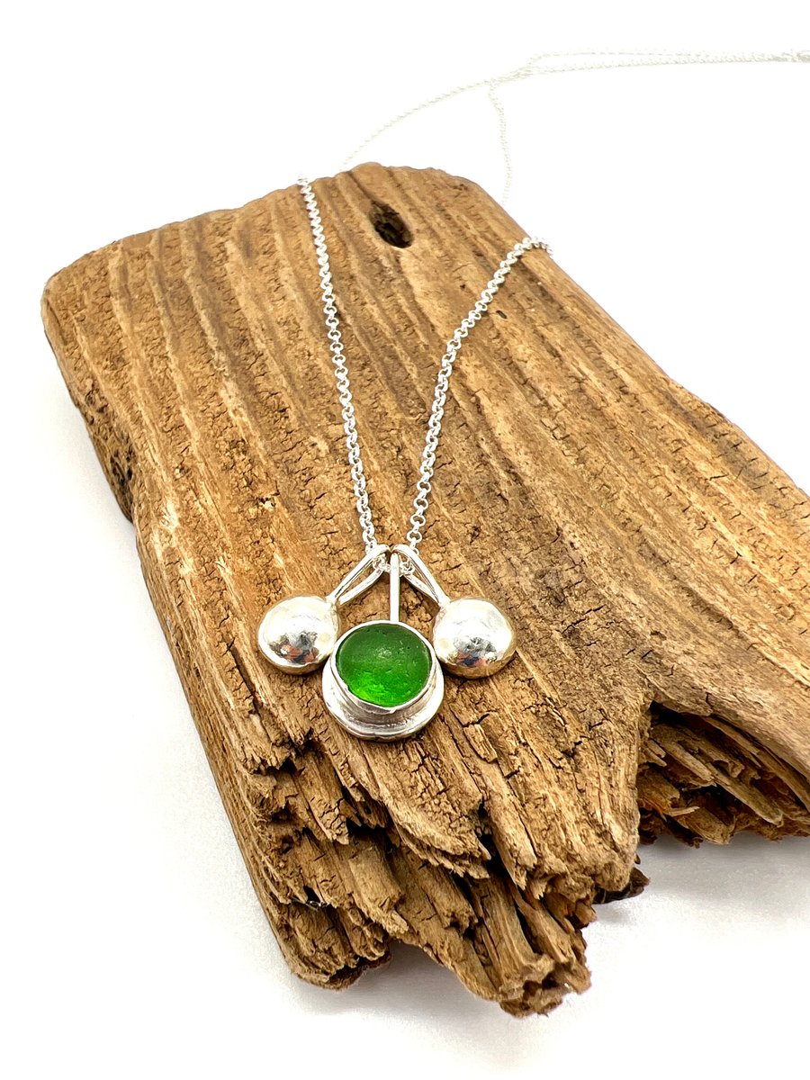 Bottle Green Sea Glass and Pebbles Necklace 