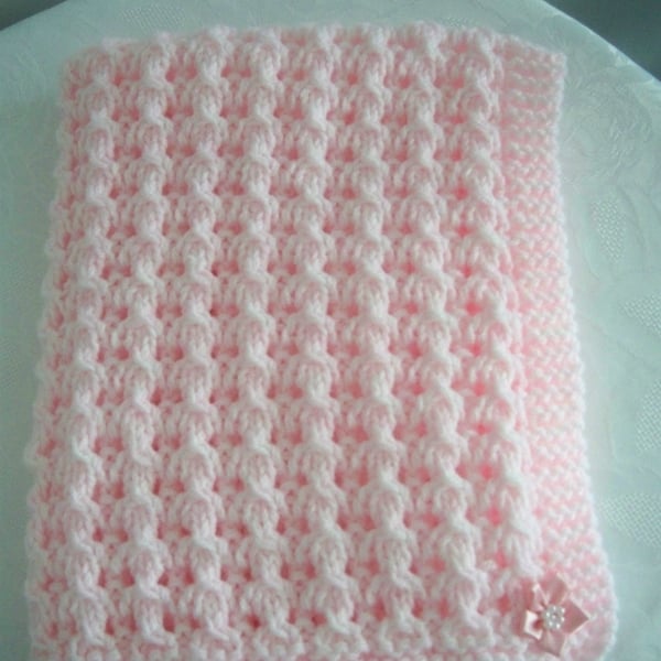 Beautiful hand knitted Pink and White chunky baby blanket MADE TO ORDER
