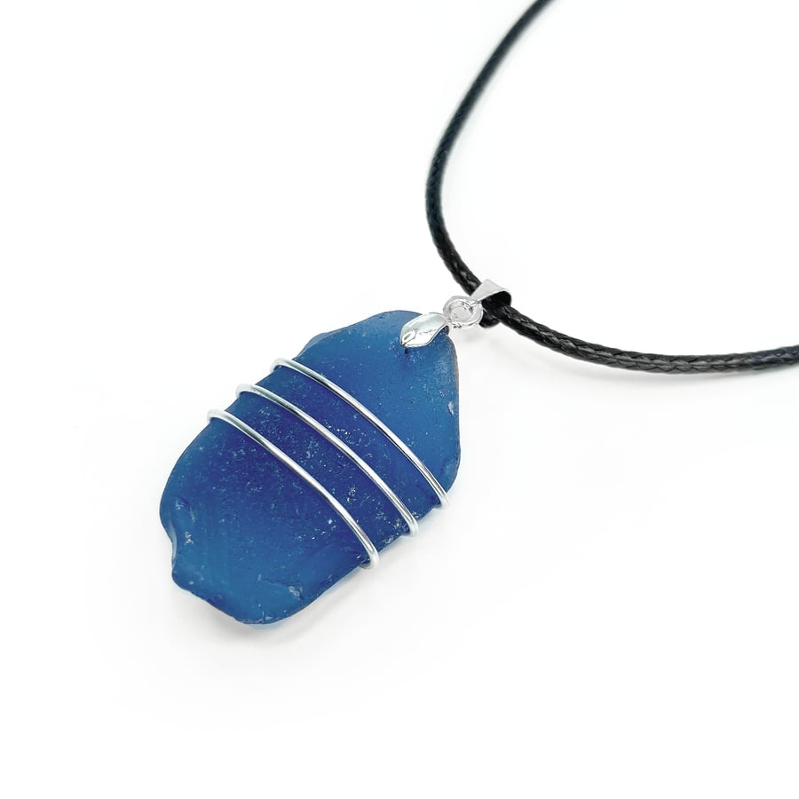 Sea Glass Pendant - Blue Beach Glass - Wire Wrapped Unisex Black Cord Necklace