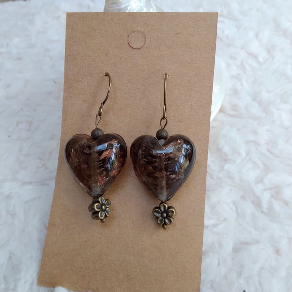 Hand-made foiled large LAMPWORK glass HEART and bronze beaded EARRINGS