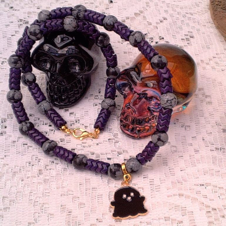 Black Enamelled Ghost on a Black and Purple Necklace, Halloween Necklace, Ghost