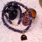 Black Enamelled Ghost on a Black and Purple Necklace, Halloween Necklace, Ghost