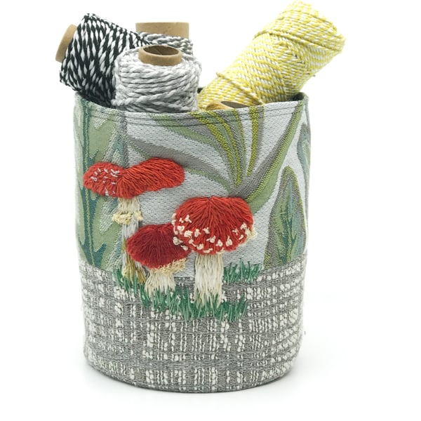 Textile storage pot with hand embroidered toadstools