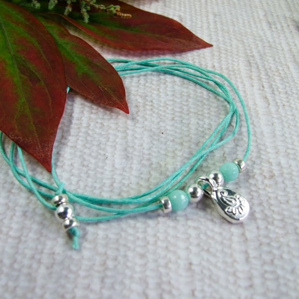 Silver Peacock Pebble Necklace or Wrap Bracelet on Waxed Cord with Agate
