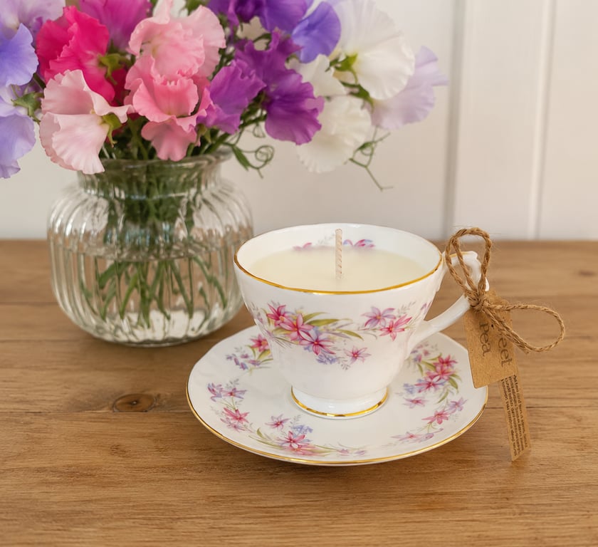 Sweet Pea Tea Cup Candle with Saucer Summer Seconds