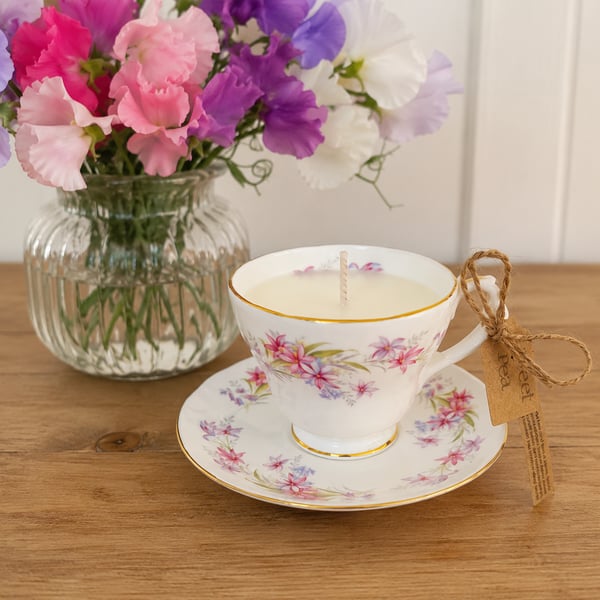 Sweet Pea Tea Cup Candle with Saucer Summer Seconds