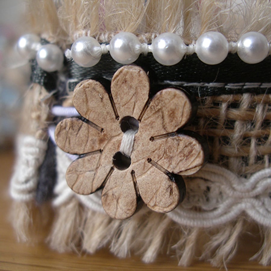 Flower Button Textile Cuff Bracelet