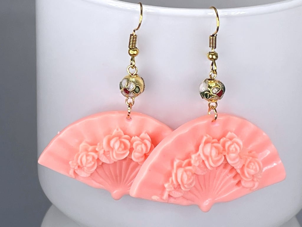 BLUSH FAN EARRINGS resin cloisonne beaded gift for her japanese style