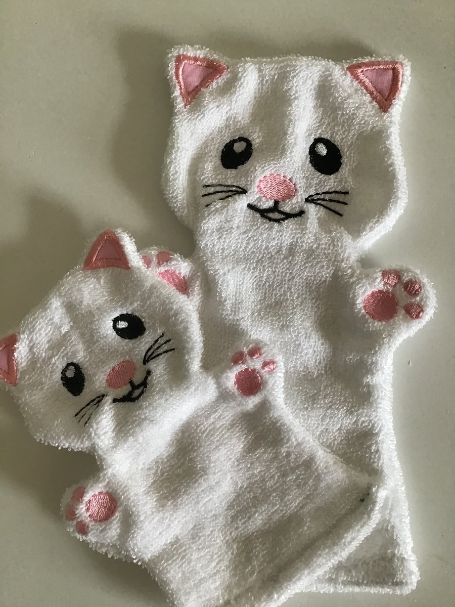 Cat puppet, wash mitt, wash cloth, flannel, set of 2.