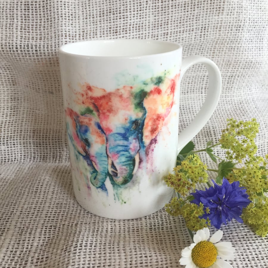 Elephant Watercolour Bone China Mug: Wildlife Art by Sandi Mower