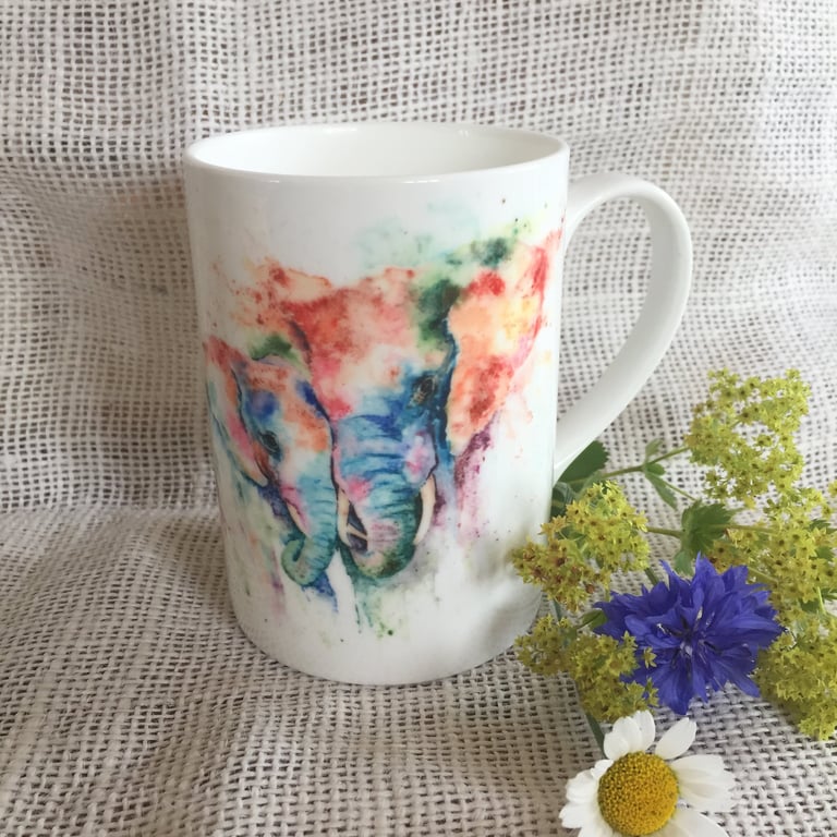 Elephant Watercolour Bone China Mug: Wildlife Art by Sandi Mower