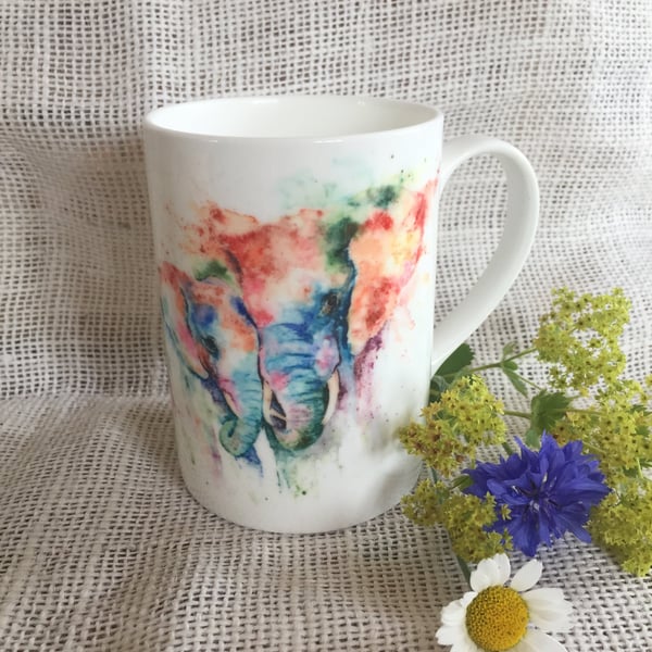 Elephant Watercolour Bone China Mug: Wildlife Art by Sandi Mower