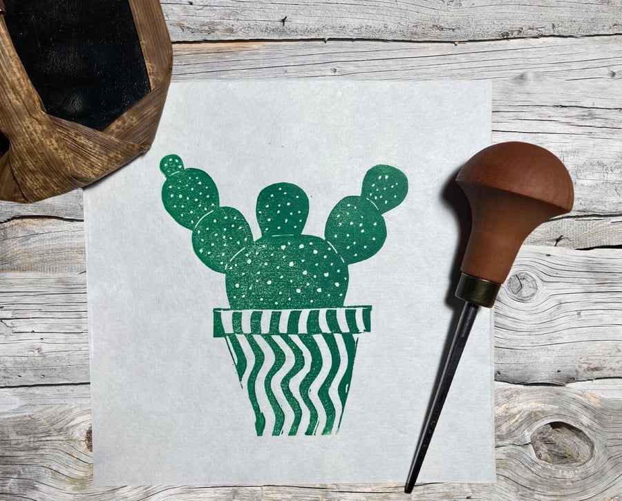 Hand Burnished Cactus Linoprint: Japanese Paper Wall Art