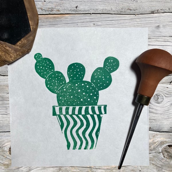 Hand Burnished Cactus Linoprint: Japanese Paper Wall Art