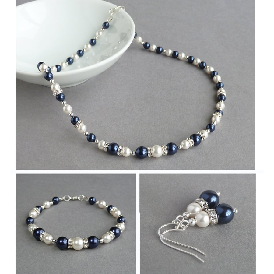 Navy Pearl and Crystal Jewellery Set - Dark Blue Necklace, Bracelet and Earrings