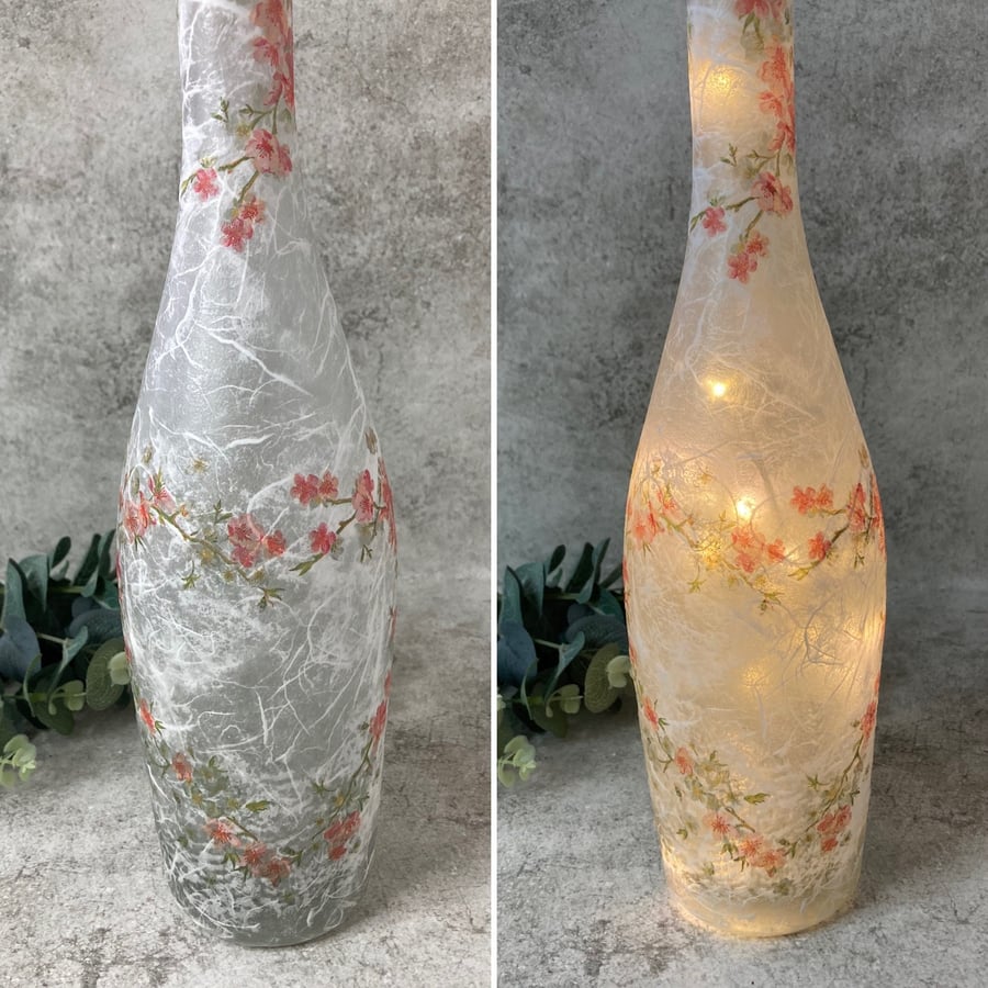 Decoupage Upcycled Glass Bottle Light - Peach Floral Heart, Home Decor, Nature