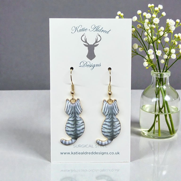 Charm Earrings - Grey Tabby Cat 