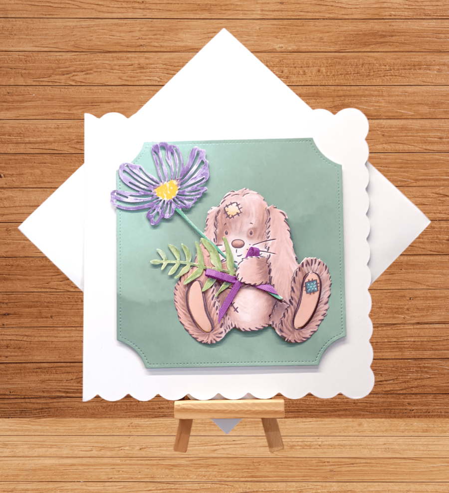 Enchanting tattered bunny with flowers open card