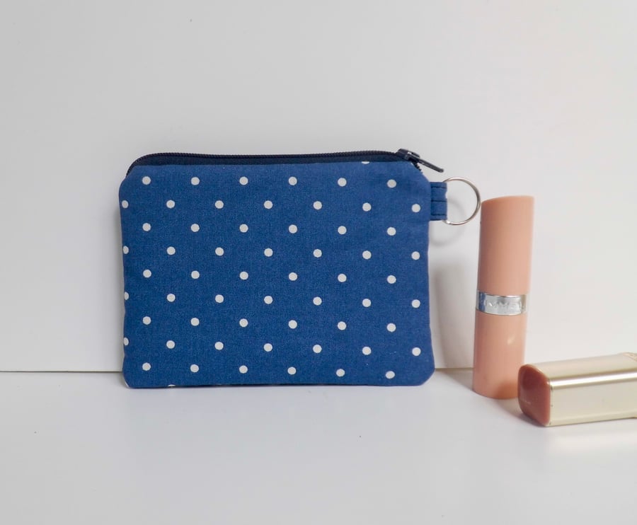 SOLD Coin purse in blue and white spot fabric