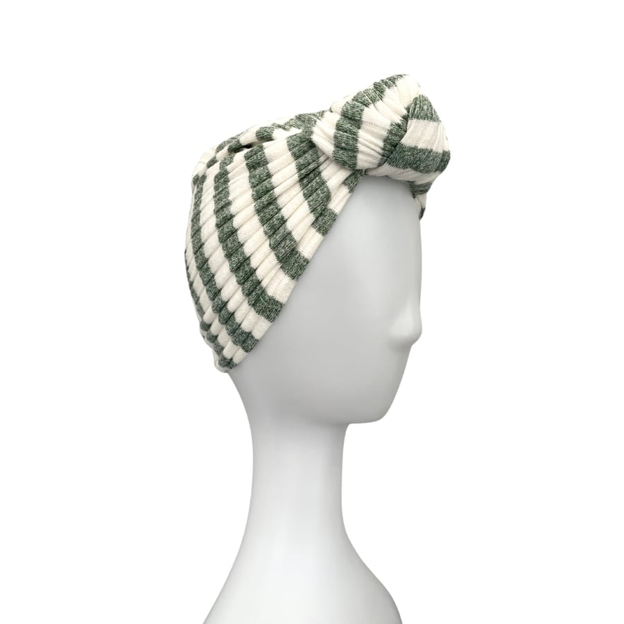 White and Green Striped Soft Knit Jersey Turban Hat, Vintage Style Autumn Winter