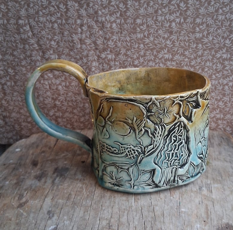 Xl skull mushroom and flowers mug Ceramic handmade coffee mug 