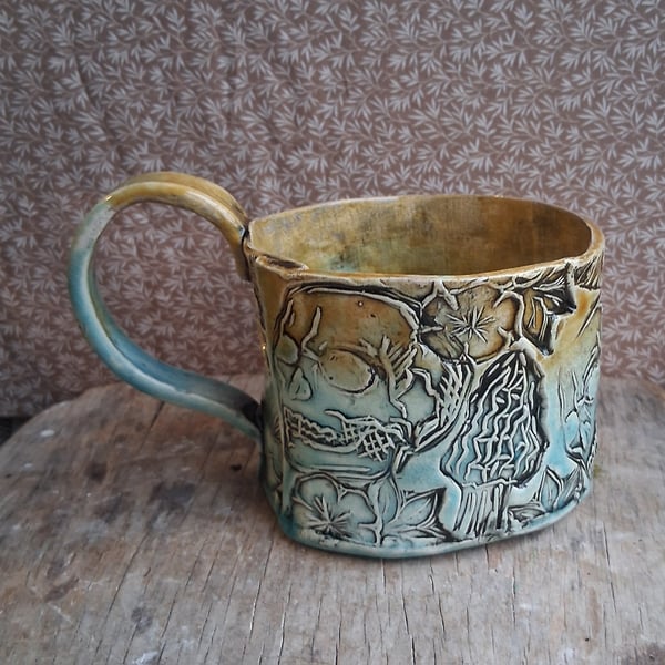 Xl skull mushroom and flowers mug Ceramic handmade coffee mug 
