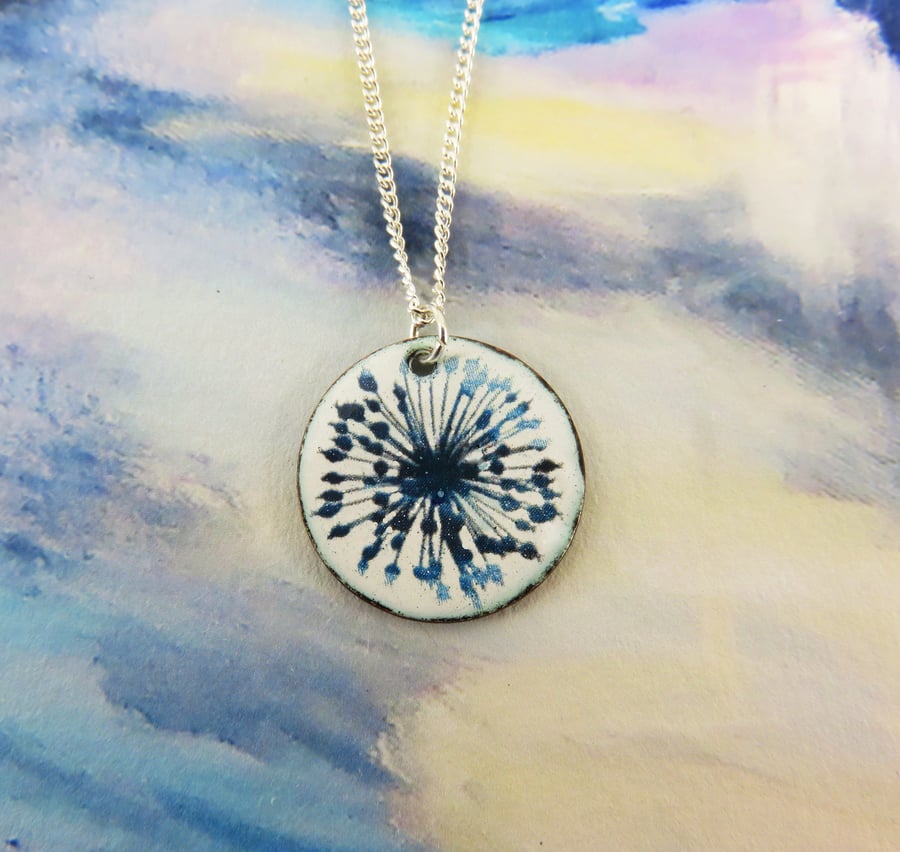 Enamel Pendant with Colourful Blue and Turquoise Allium 