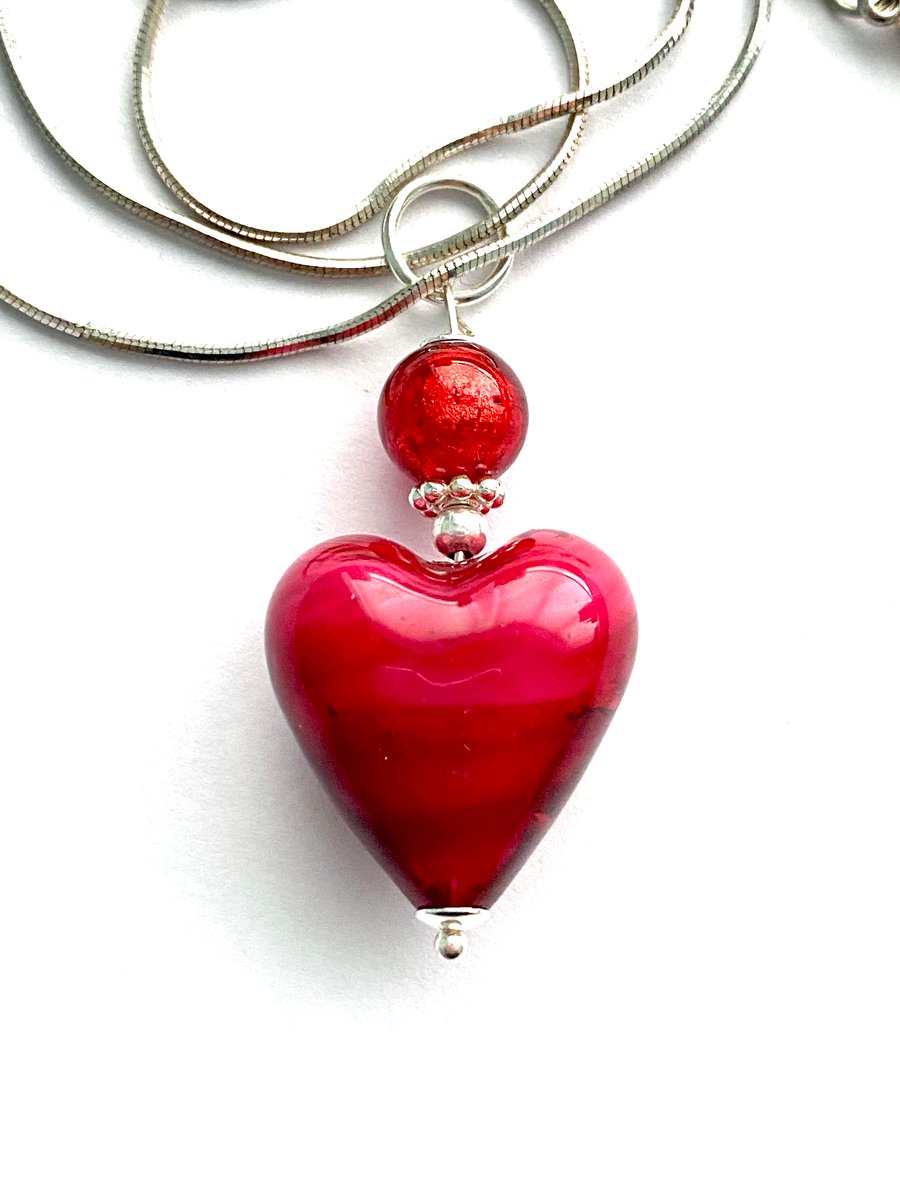 Murano Glass red heart pendant with sterling silver.