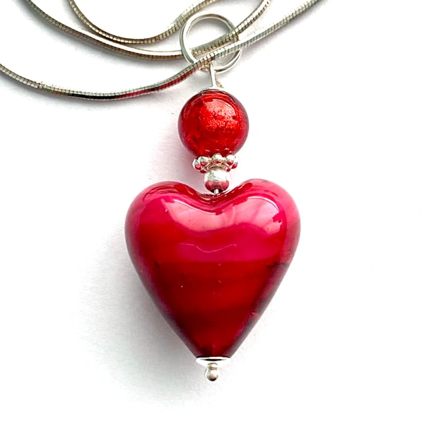 Murano Glass red heart pendant with sterling silver.