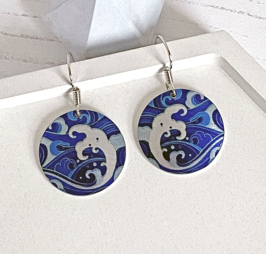 Blue ocean drop earrings, 19mm discs on sterling silver ear wires (593)
