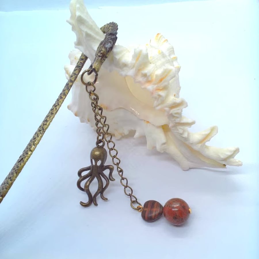 Dragon Bookmark With Jasper Beads and Bronze Octopus Charm, Book Lovers Gift