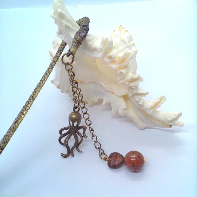 Dragon Bookmark With Jasper Beads and Bronze Octopus Charm, Book Lovers Gift