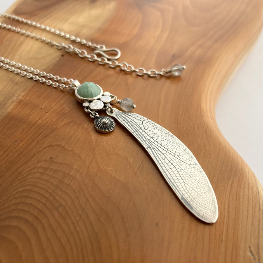 Dragonfly Wing Pendant with Amazonite & Labradorite in Sterling Silver