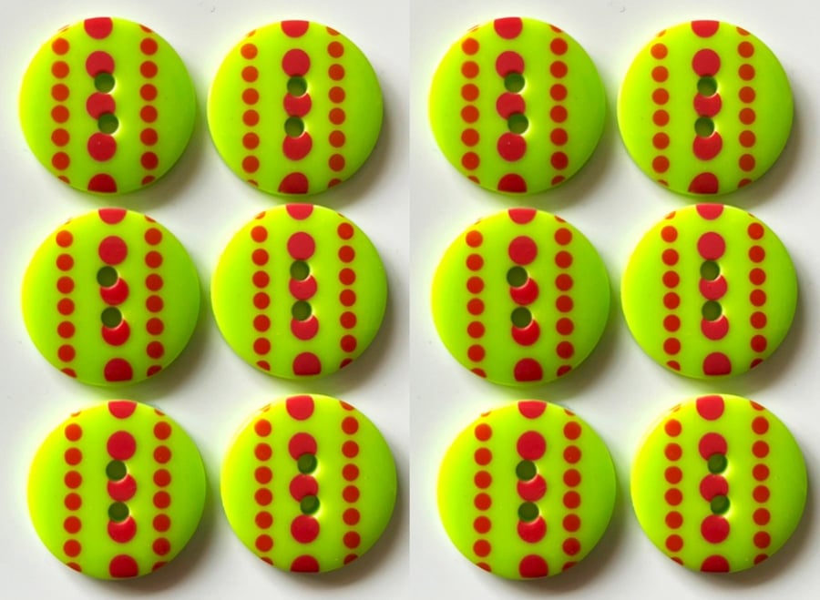 12 Bright Buttons, 19mm Wide, Pink and Red Spots on Green, Bright, Bold