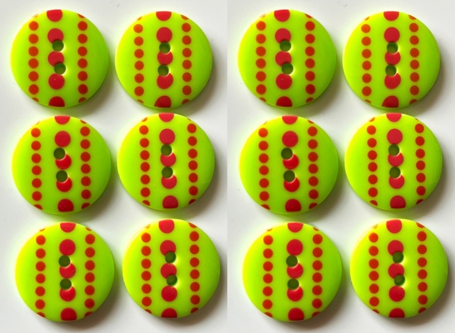 12 Bright Buttons, 19mm Wide, Pink and Red Spots on Green, Bright, Bold
