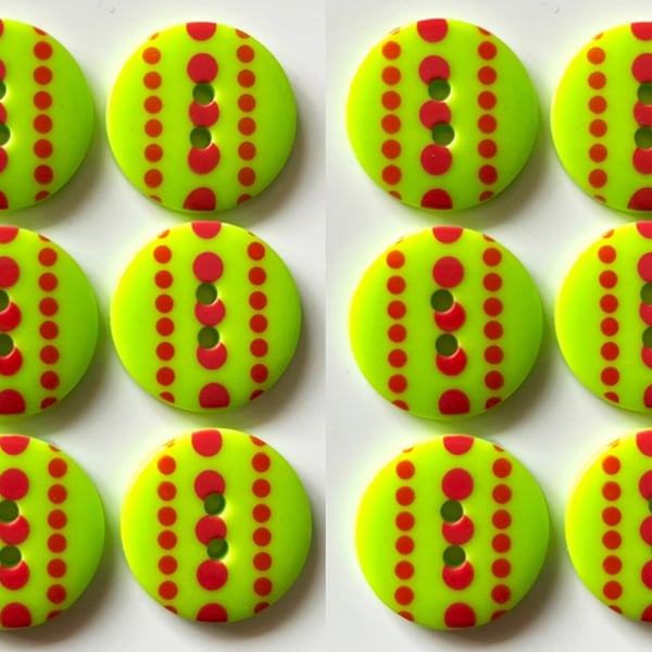 12 Bright Buttons, 19mm Wide, Pink and Red Spots on Green, Bright, Bold