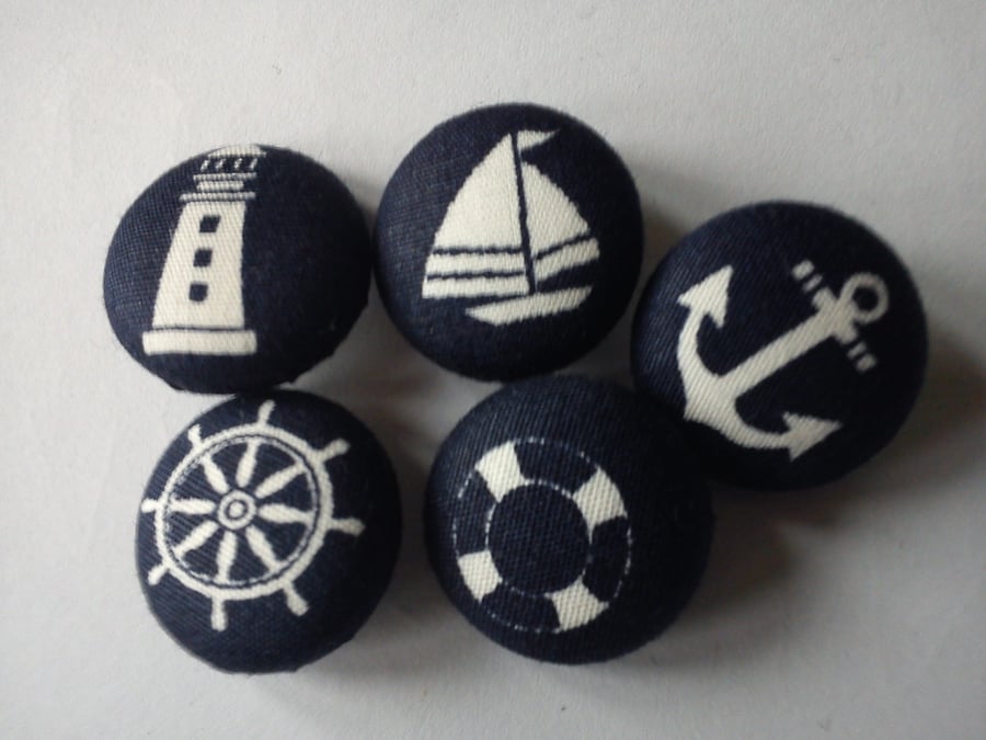 Navy Nautical fabric covered buttons anchor boat lighthouse life preserver