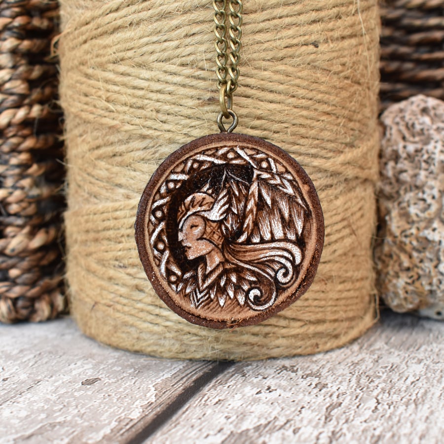 Valkyrie pyrography Viking pendant. Rustic branch slice. Can be a keyring.