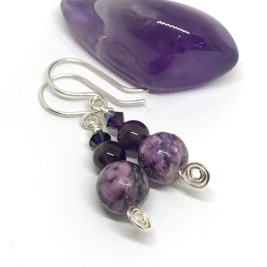 Amethyst, Purple Jasper and Crystal Earrings, Sterling Silver 