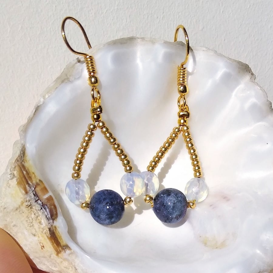 Denim Blue Jasper & Opalite Drop Earring,  Nautical Blue & White Bead Earring