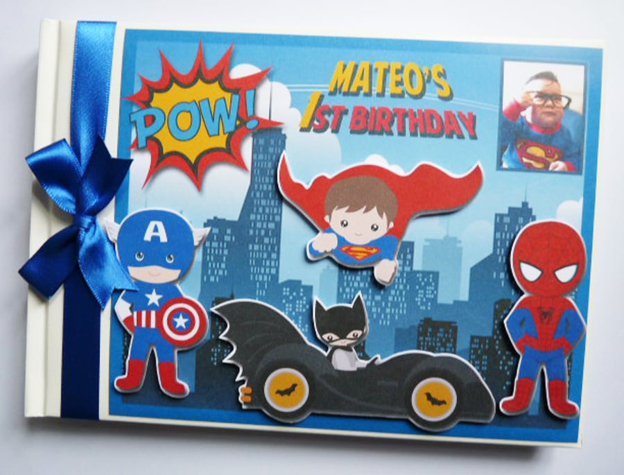 Superheros birthday guest book, batman, captain america, superman, spiderman