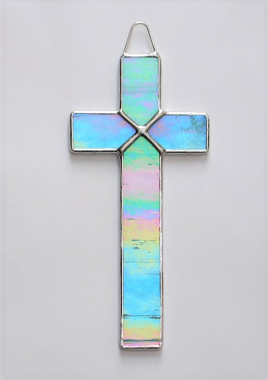 Stained Glass (Cross) in aqua and white opalescent iridescent glass